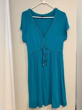 Nicole Miller Teal Braided V-Neck Jersey Dress